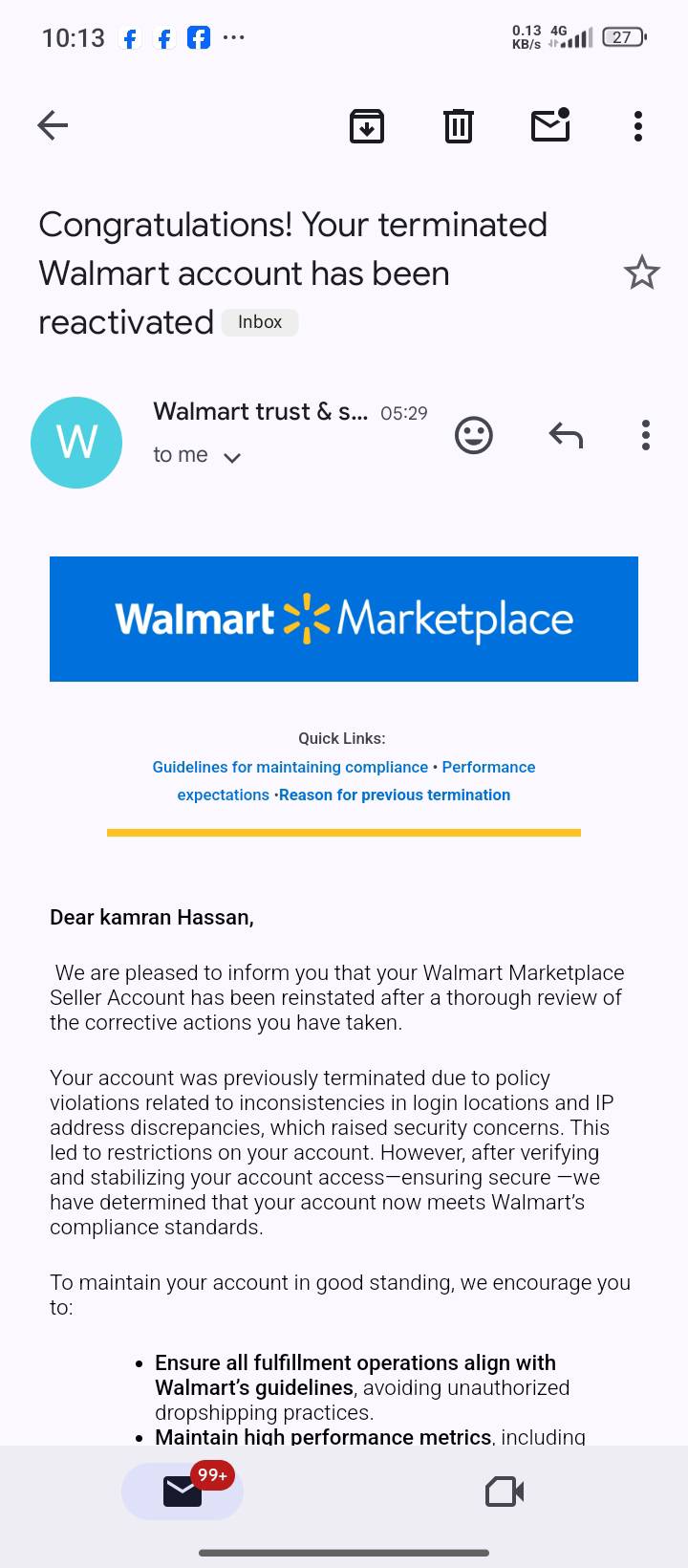 Walmart seller account got terminated or got suspenders reactive